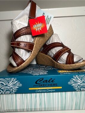 Skechers Cali Wide-Fit Cork Wedge Sandals - Brown